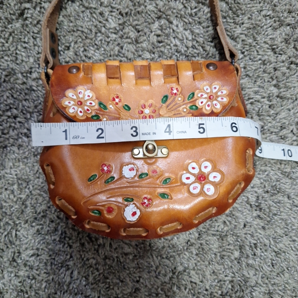 Handmade Mexico Leather Floral Tooled Woven Handpainted Crossbody Bag-Brown - Picture 7 of 7